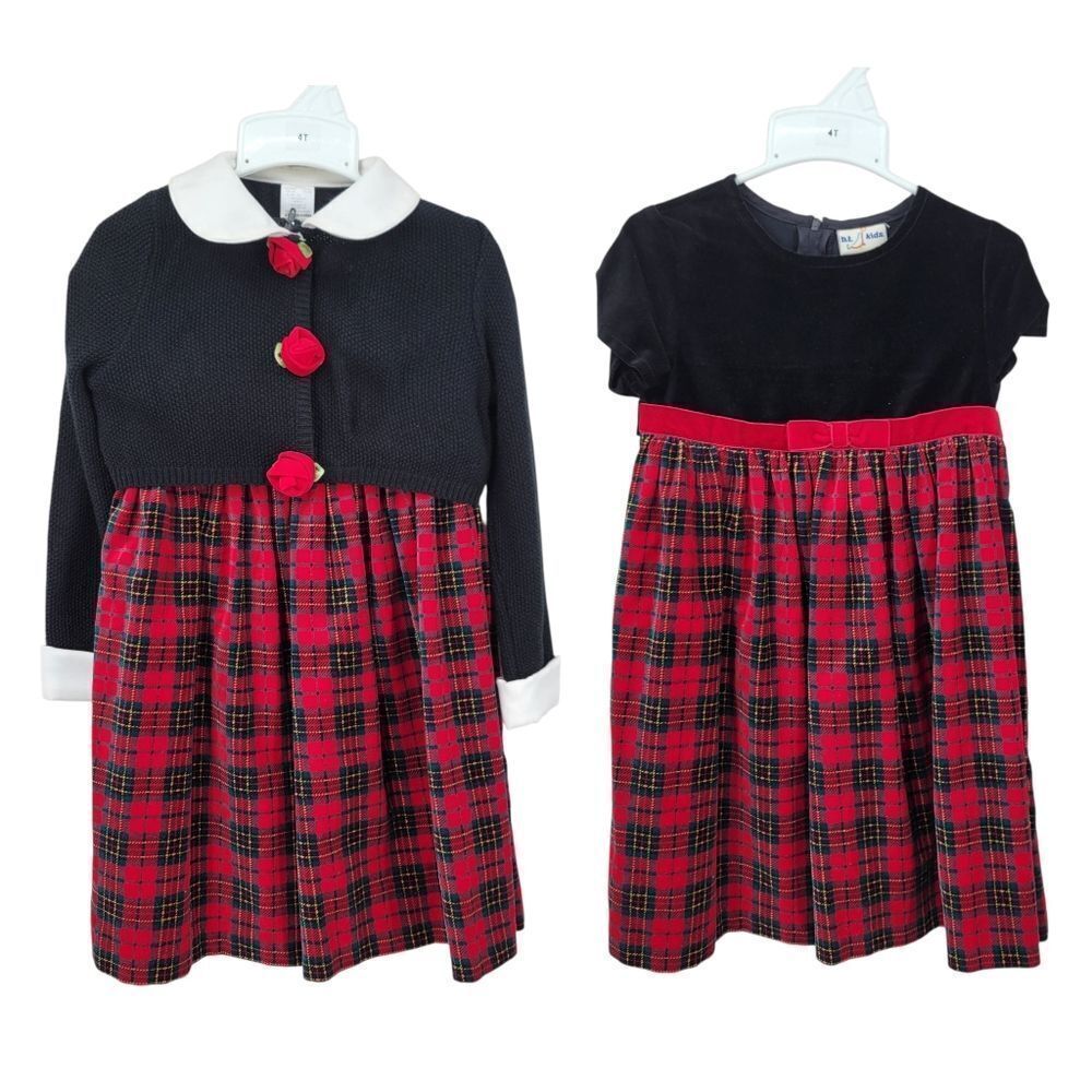 Vintage Plaid Red and Black Velvet Dress with Cardigan Sweater Christmas Vintage